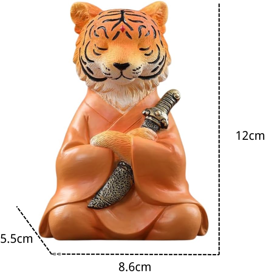 Tiger Samurai Statue Figurines, Zen Warrior Tiger Sculptures with Sword, Resin Feng Shui Animal Decor for Home, Office, Mediation Yoga Room, Chinese Collectible Ornaments (Orange, with Lotus Base)
