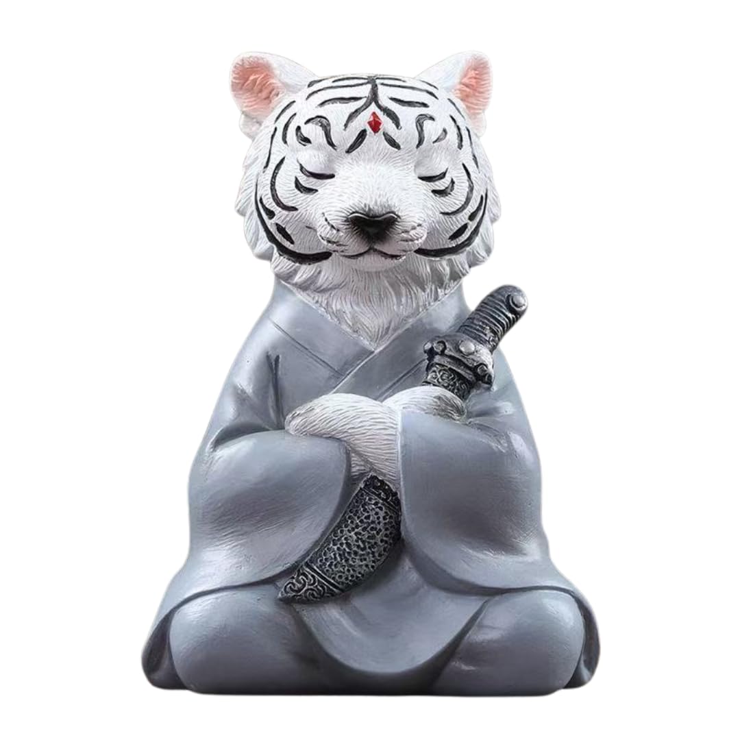 Tiger Samurai Statue Figurines, Zen Warrior Tiger Sculptures with Sword, Resin Feng Shui Animal Decor for Home, Office, Mediation Yoga Room, Chinese Collectible Ornaments (Orange, with Lotus Base)