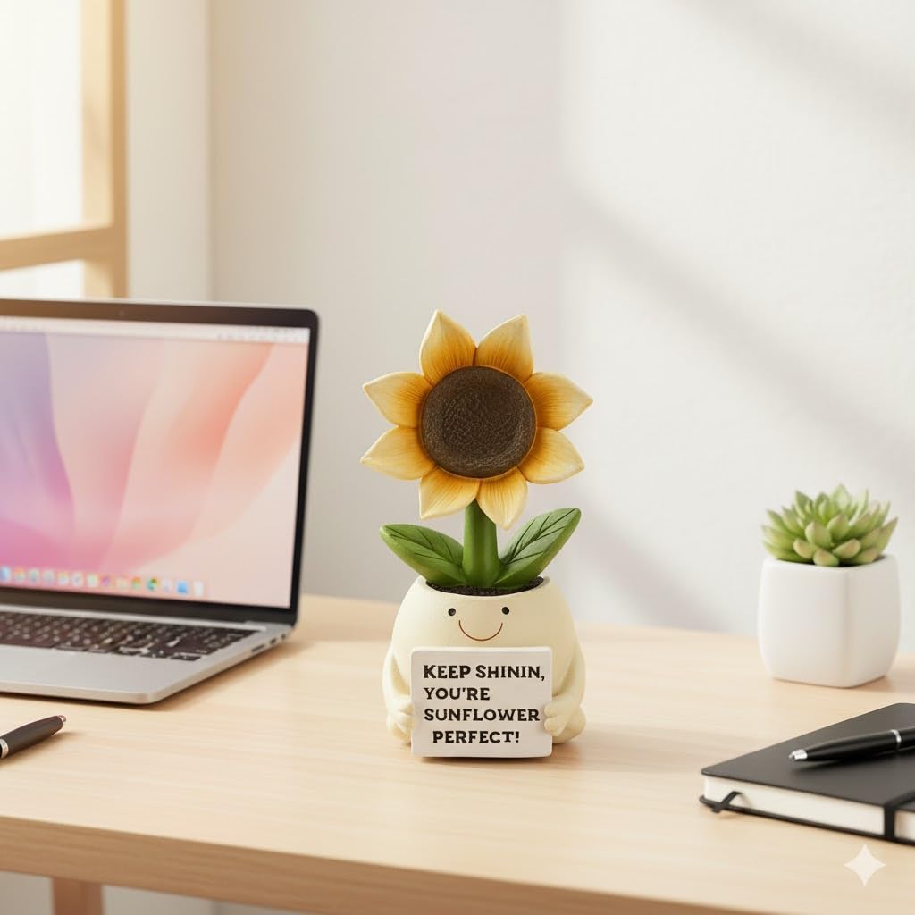 Inspirational Sunflower Gifts for Women Men, Keep Shining Resin Desk Decor, Cute Mini Plant Pot Figurine - Unique Thinking of You Encouragement Present for Coworker Friend Get Well Soon (Sunflower)