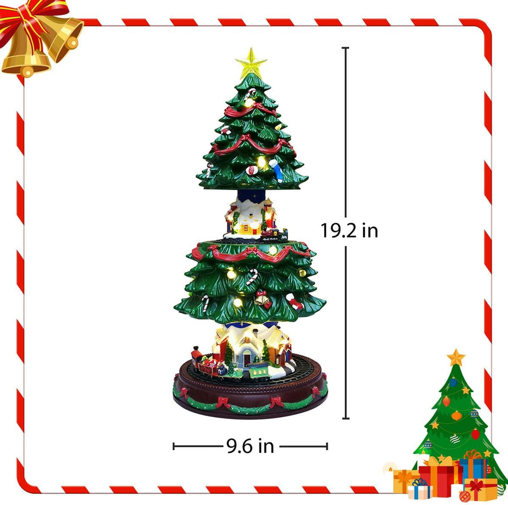19" Christmas Tree Village House - Animated Tabletop Display with Moving Train, Up & Down Christmas Tree, LED Lights, and Holiday Music - Adapter Included Christmas Decor for Home Gift
