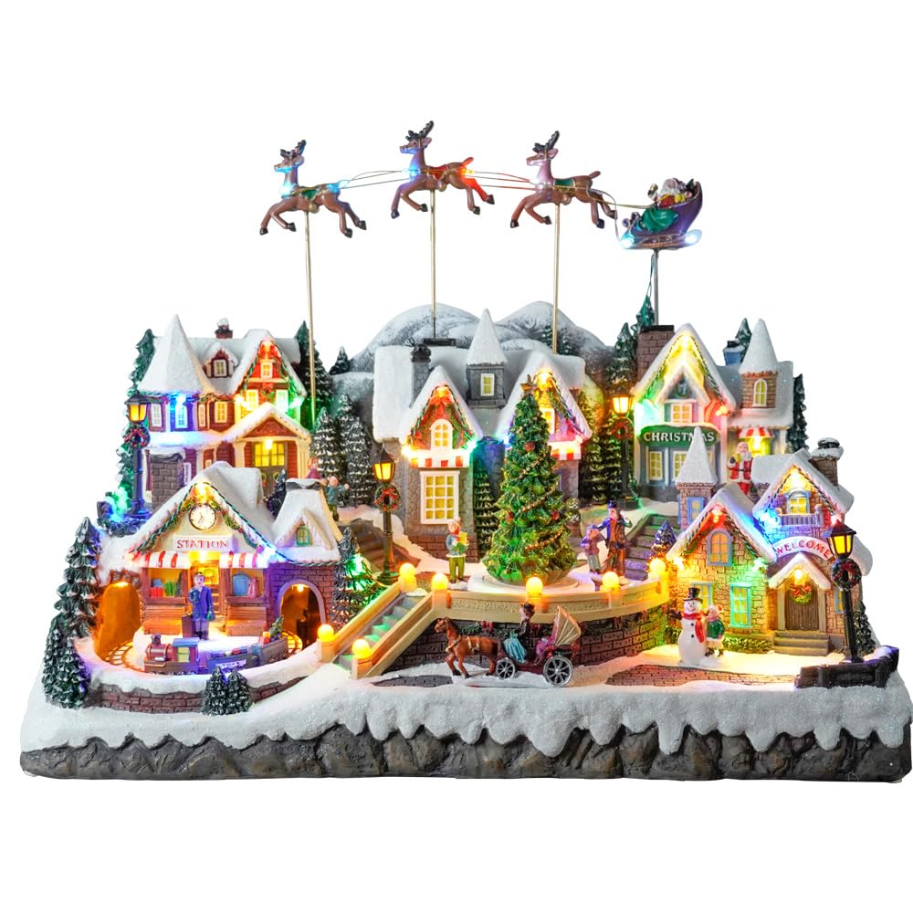Large Christmas Village House with Flying Reindeer - Rotating Christmas Tree & Moving Train & Colourful LED Lights & 8 Festive Songs,Indoor Decorations for Home Tabletop Gift