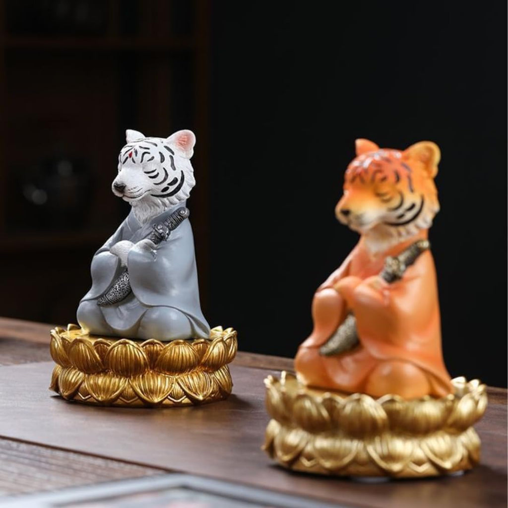 Tiger Samurai Statue Figurines, Zen Warrior Tiger Sculptures with Sword, Resin Feng Shui Animal Decor for Home, Office, Mediation Yoga Room, Chinese Collectible Ornaments (Orange, with Lotus Base)