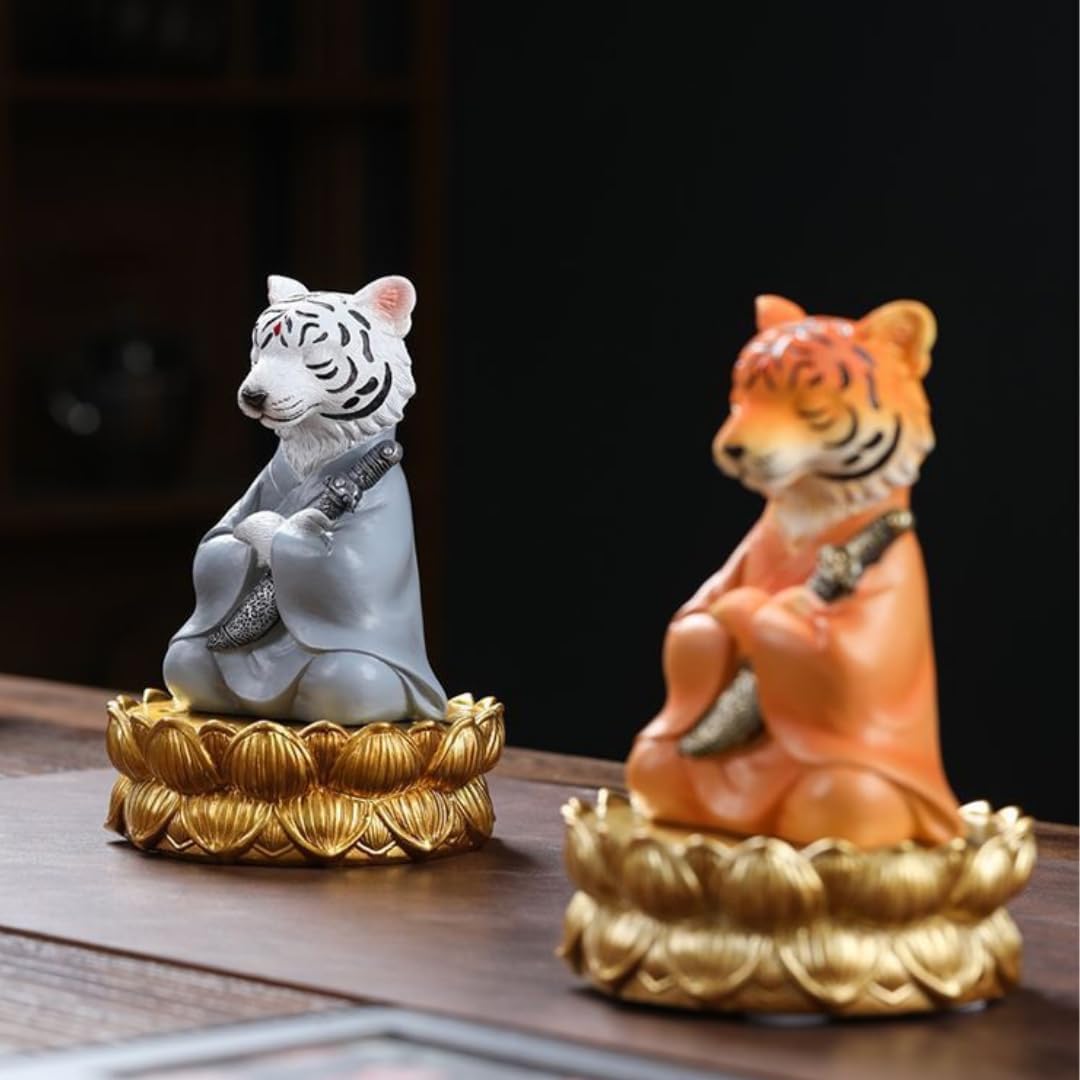 Tiger Samurai Statue Figurines, Zen Warrior Tiger Sculptures with Sword, Resin Feng Shui Animal Decor for Home, Office, Mediation Yoga Room, Chinese Collectible Ornaments (Orange, with Lotus Base)