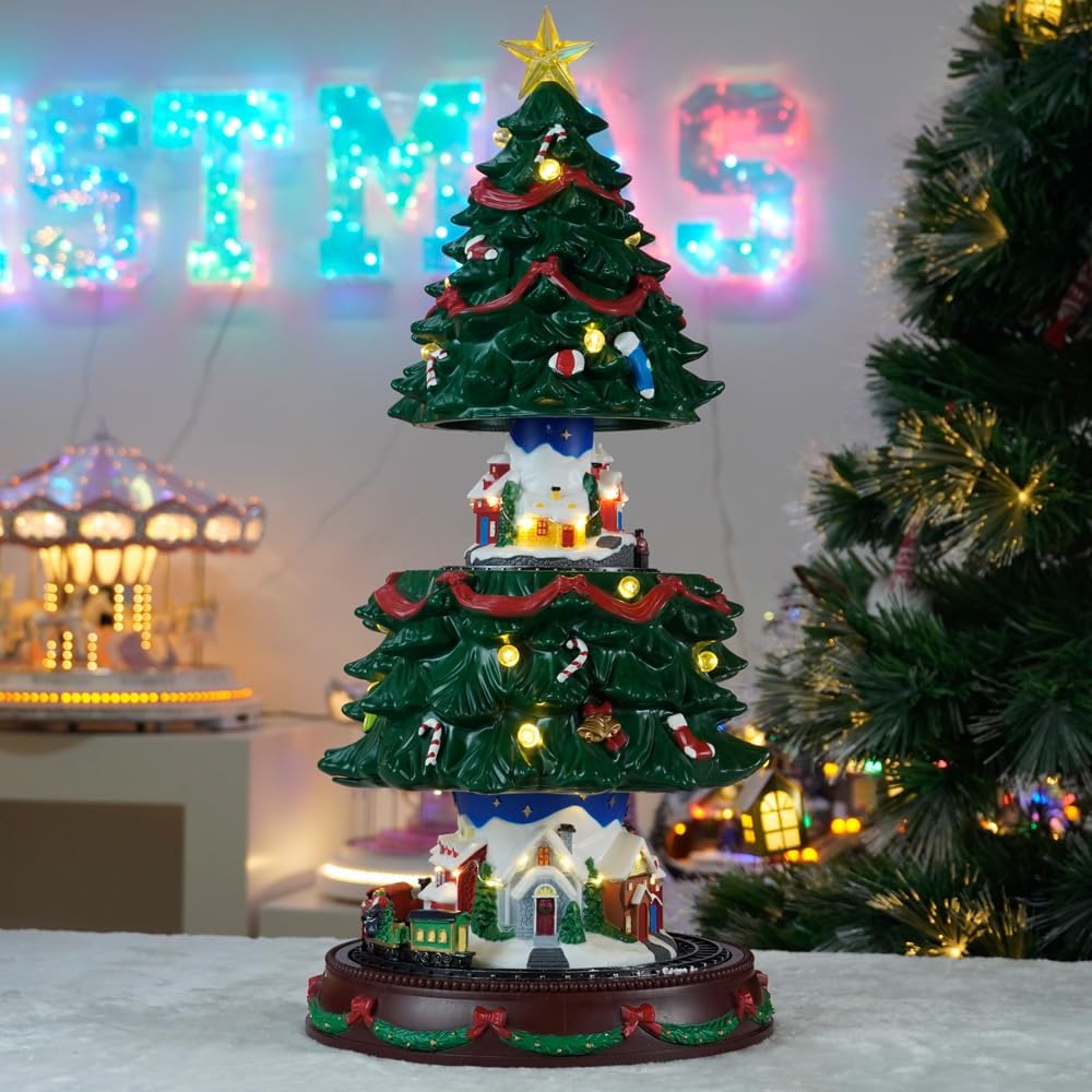 19" Christmas Tree Village House - Animated Tabletop Display with Moving Train, Up & Down Christmas Tree, LED Lights, and Holiday Music - Adapter Included Christmas Decor for Home Gift