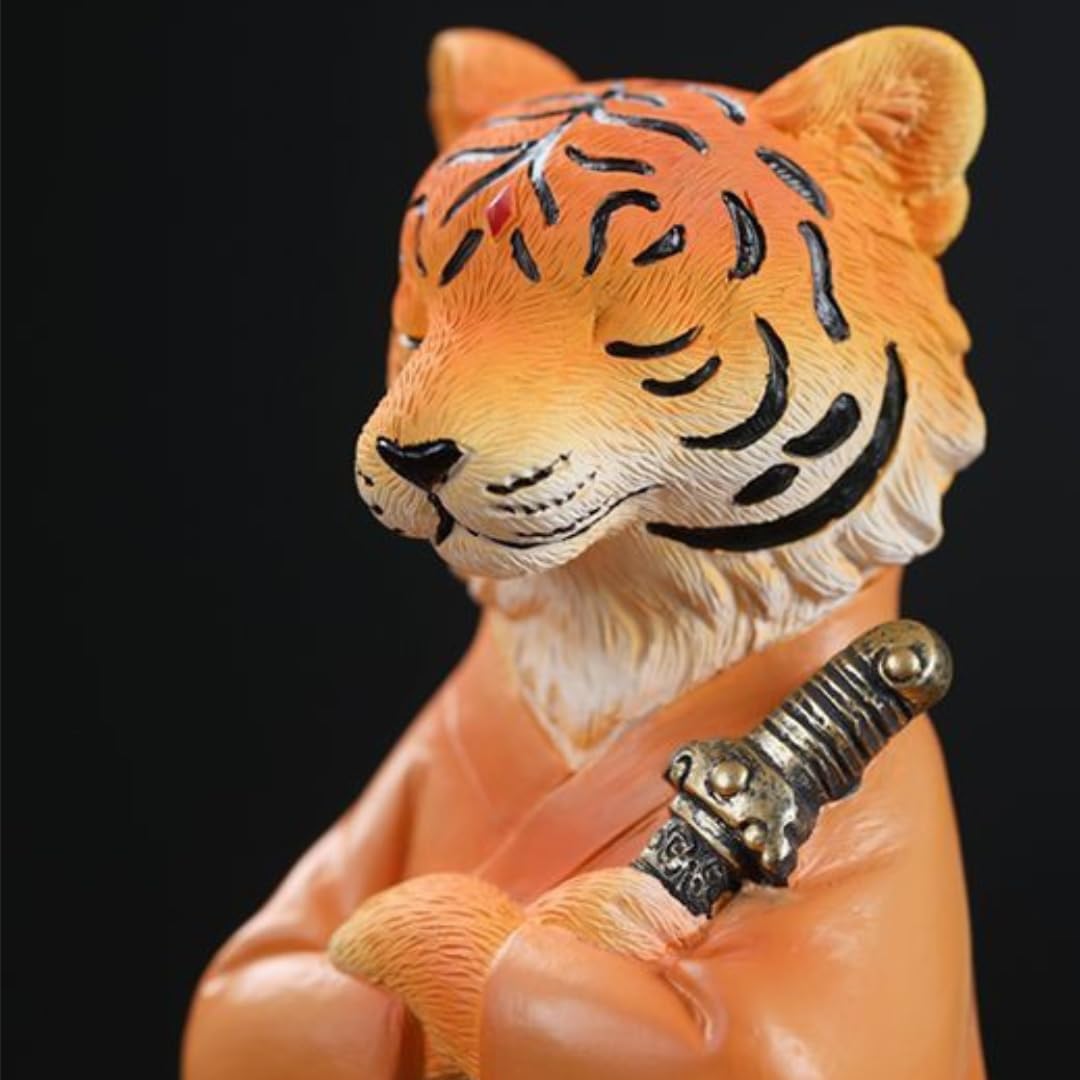 Tiger Samurai Statue Figurines, Zen Warrior Tiger Sculptures with Sword, Resin Feng Shui Animal Decor for Home, Office, Mediation Yoga Room, Chinese Collectible Ornaments (Orange, with Lotus Base)
