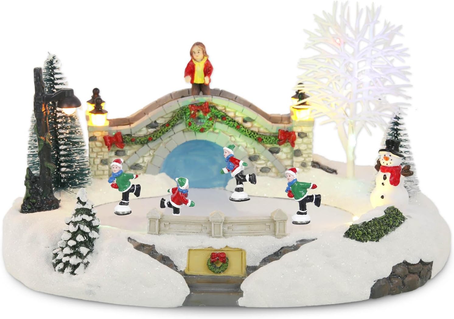 Animated Christmas Village Skating Scene, Collection Building Figurines Lights Ice Skating Rink Christmas Village Accessory, Musical by USB only.