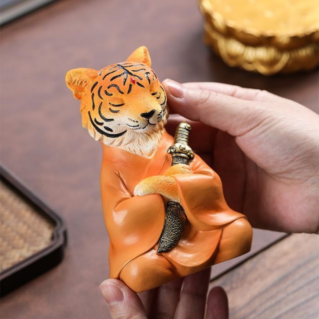 Tiger Samurai Statue Figurines, Zen Warrior Tiger Sculptures with Sword, Resin Feng Shui Animal Decor for Home, Office, Mediation Yoga Room, Chinese Collectible Ornaments (Orange, with Lotus Base)