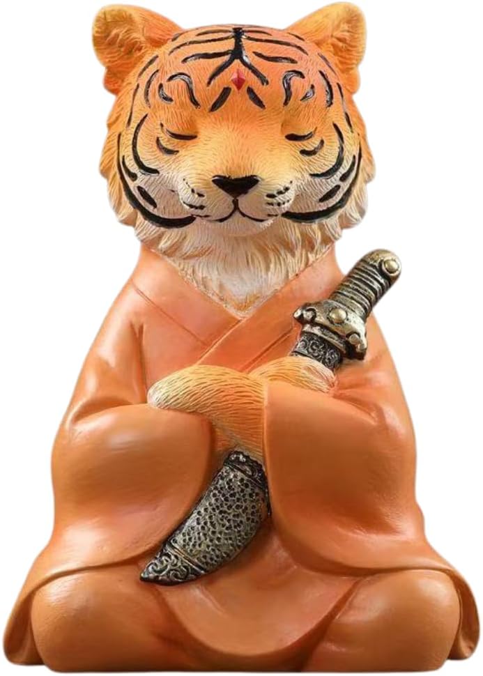 Tiger Samurai Statue Figurines, Zen Warrior Tiger Sculptures with Sword, Resin Feng Shui Animal Decor for Home, Office, Mediation Yoga Room, Chinese Collectible Ornaments (Orange, with Lotus Base)