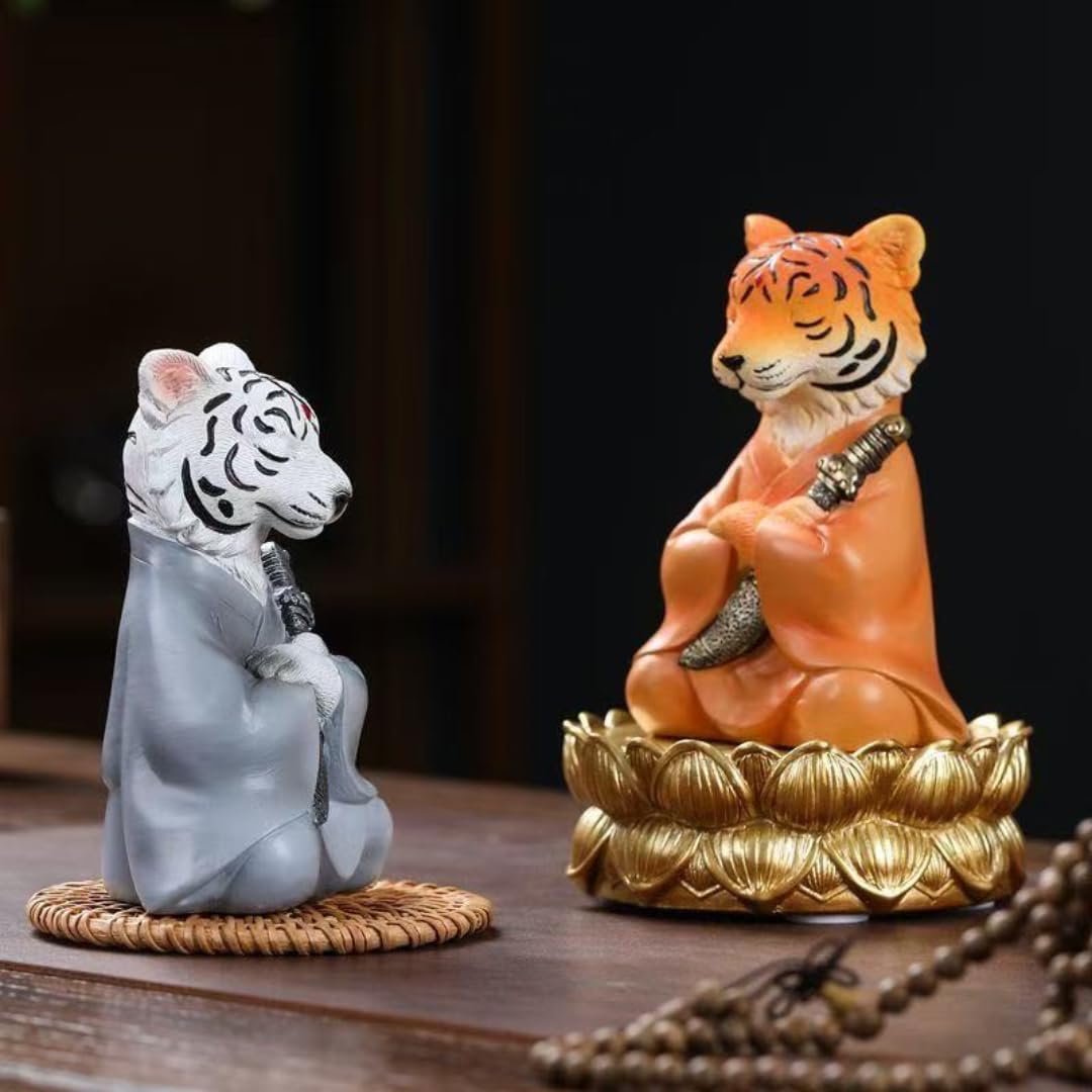 Tiger Samurai Statue Figurines, Zen Warrior Tiger Sculptures with Sword, Resin Feng Shui Animal Decor for Home, Office, Mediation Yoga Room, Chinese Collectible Ornaments (Orange, with Lotus Base)