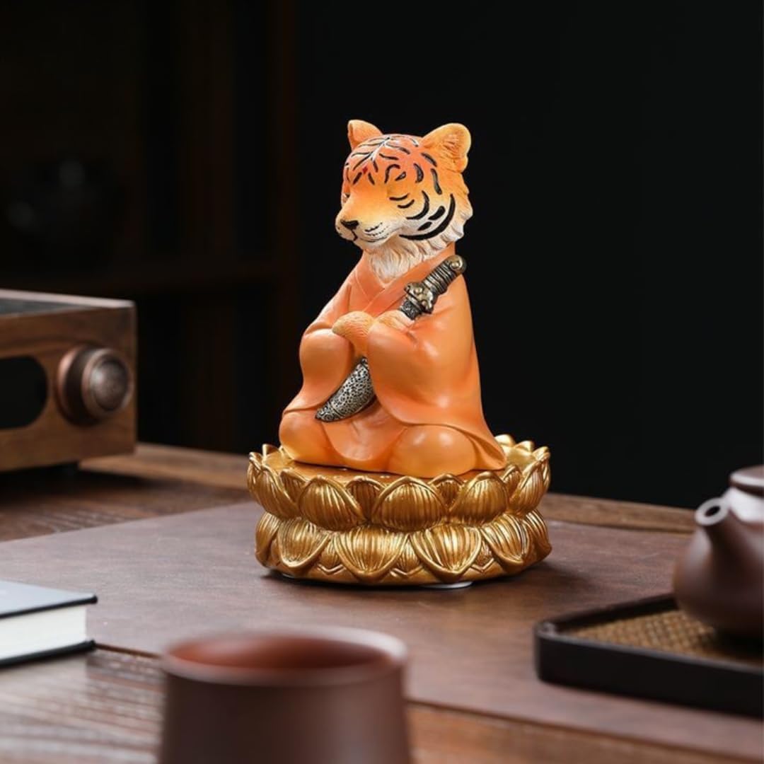 Tiger Samurai Statue Figurines, Zen Warrior Tiger Sculptures with Sword, Resin Feng Shui Animal Decor for Home, Office, Mediation Yoga Room, Chinese Collectible Ornaments (Orange, with Lotus Base)
