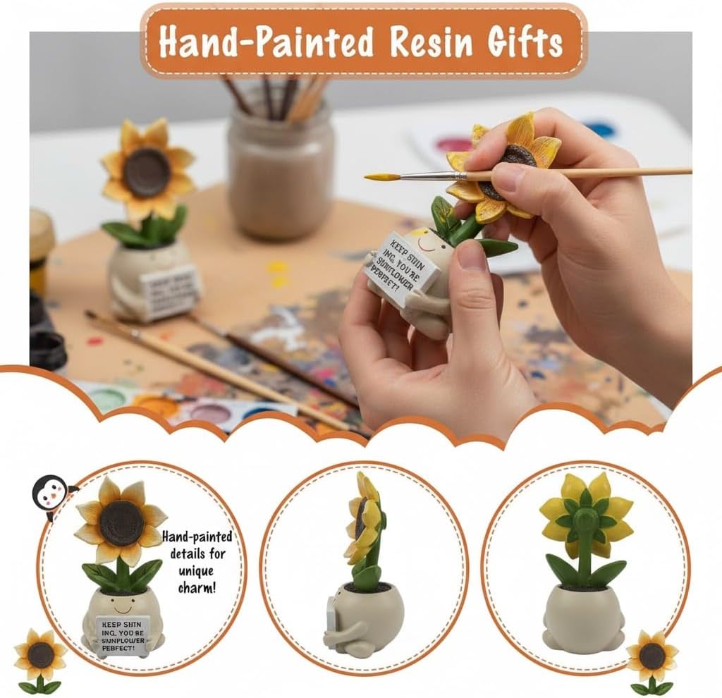 Inspirational Sunflower Gifts for Women Men, Keep Shining Resin Desk Decor, Cute Mini Plant Pot Figurine - Unique Thinking of You Encouragement Present for Coworker Friend Get Well Soon (Sunflower)