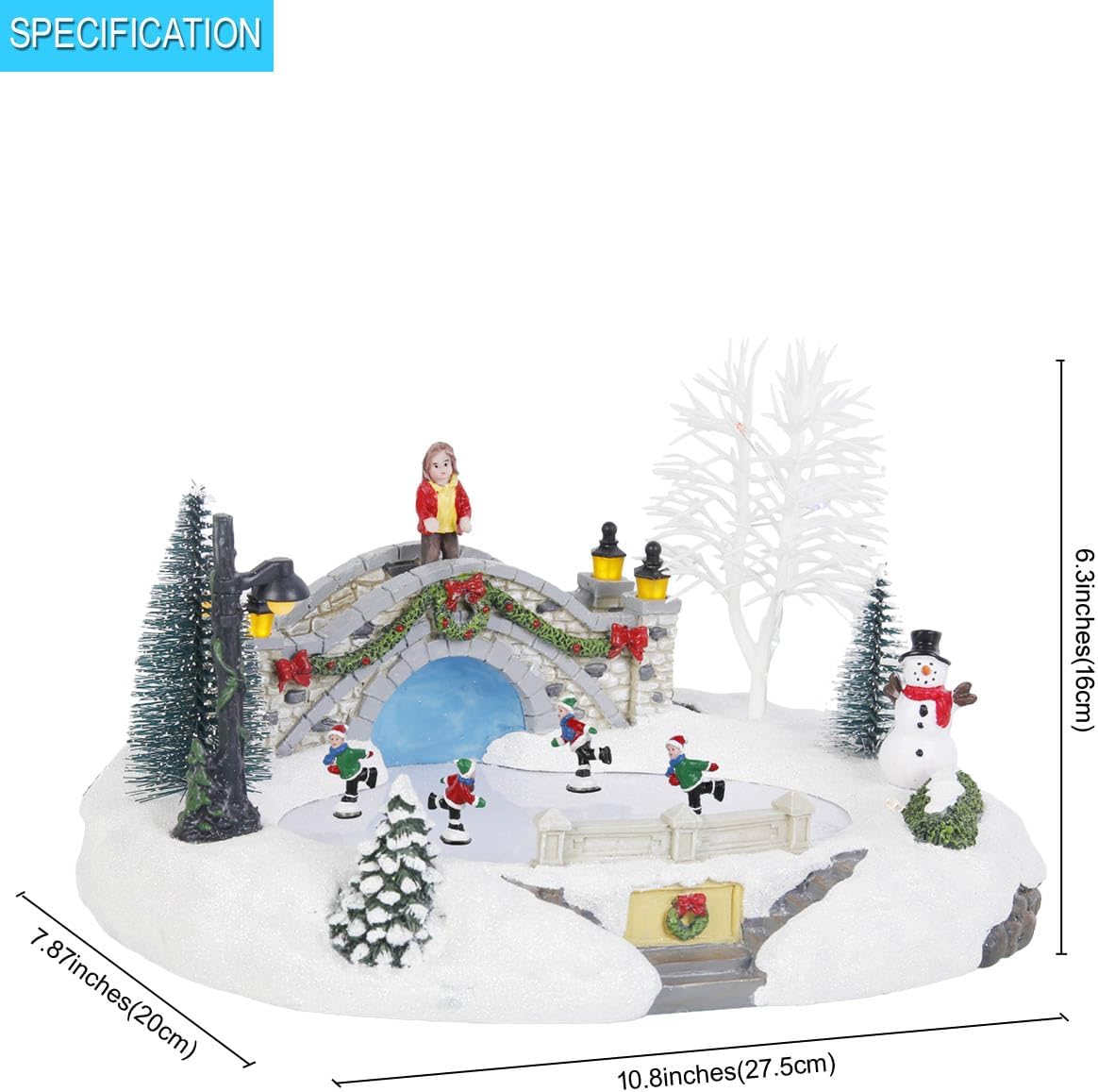 Animated Christmas Village Skating Scene, Collection Building Figurines Lights Ice Skating Rink Christmas Village Accessory, Musical by USB only.