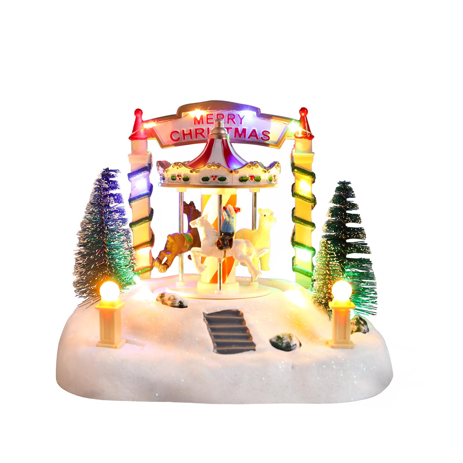 Bdor Christmas Market Village Scene with LED Lights | 8.3 x 5.9 x 5.9 Inches Battery Operated Holiday Decoration with Musical & Animated Market Stalls for Indoor Home Décor