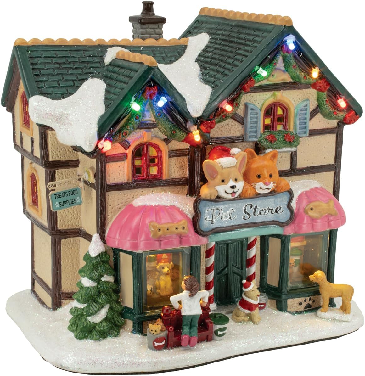 Holiday Pet Store Porcelain Christmas Village with LED Lights and Music