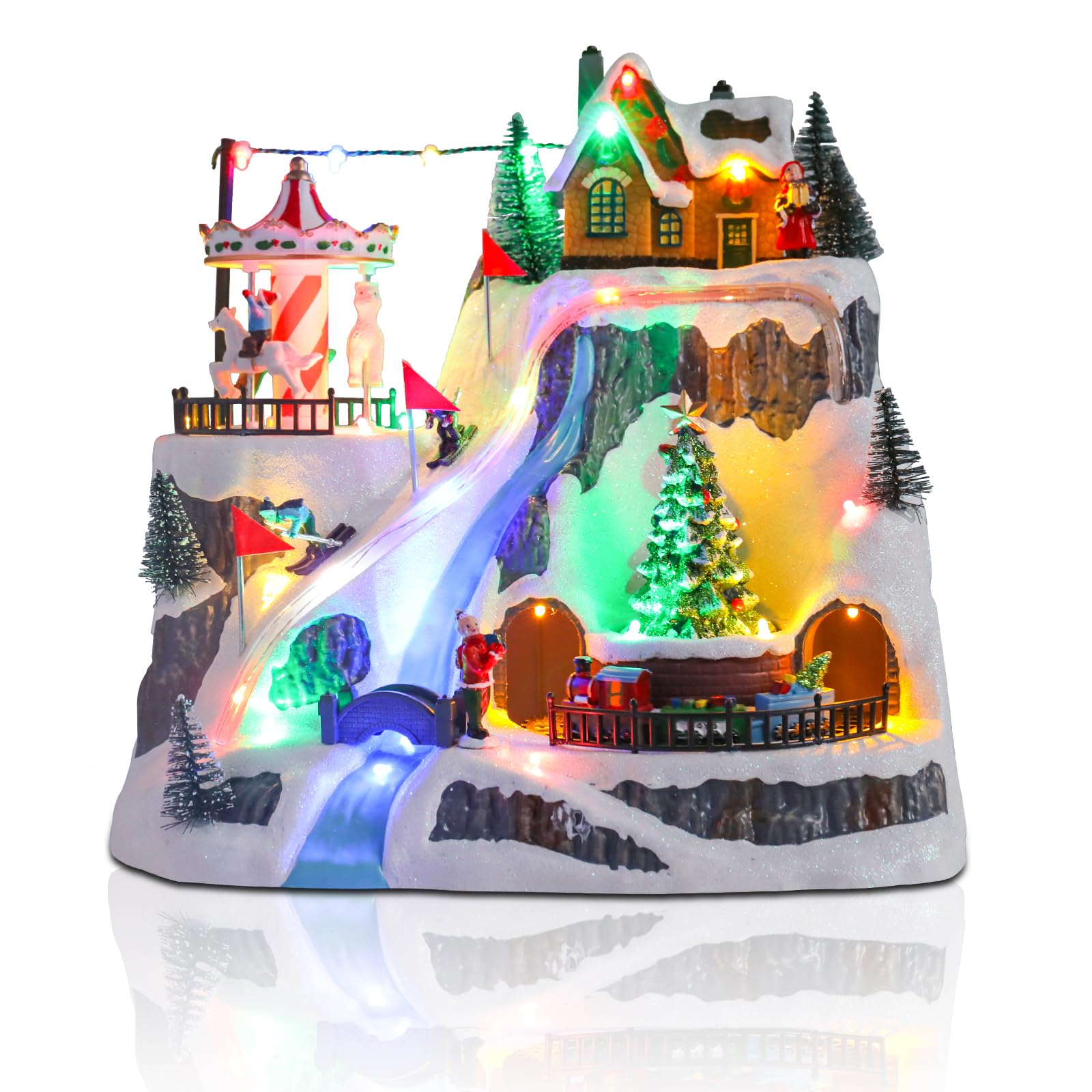 Christmas Village House Musical Christmas Collectible Buildings Amusement Park Carousel Skating Ferris Wheel with LED Lights Vacation Village with USB Indoor Figurines Xmas Decoration