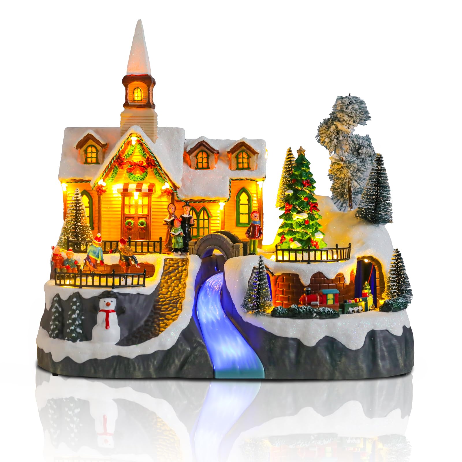 Christmas Village House Musical Christmas Collectible Buildings Amusement Park Carousel Skating Ferris Wheel with LED Lights Vacation Village with USB Indoor Figurines Xmas Decoration