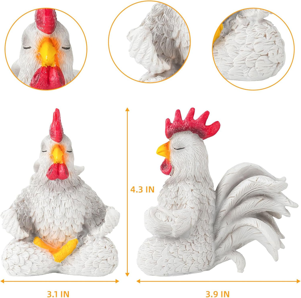 White Rooster Statue Decor for Living Room Desk Bedroom Bookshelf and Office Display, Modern Aesthetic Chicken Figurine Yoga Meditating Decoration, Unique Present for Women Christmas Birthday
