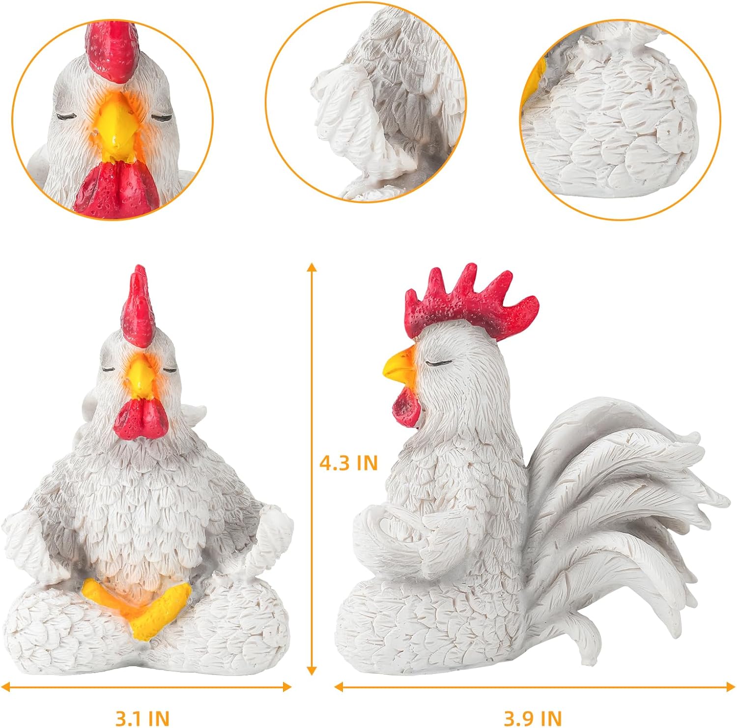 White Rooster Statue Decor for Living Room Desk Bedroom Bookshelf and Office Display, Modern Aesthetic Chicken Figurine Yoga Meditating Decoration, Unique Present for Women Christmas Birthday