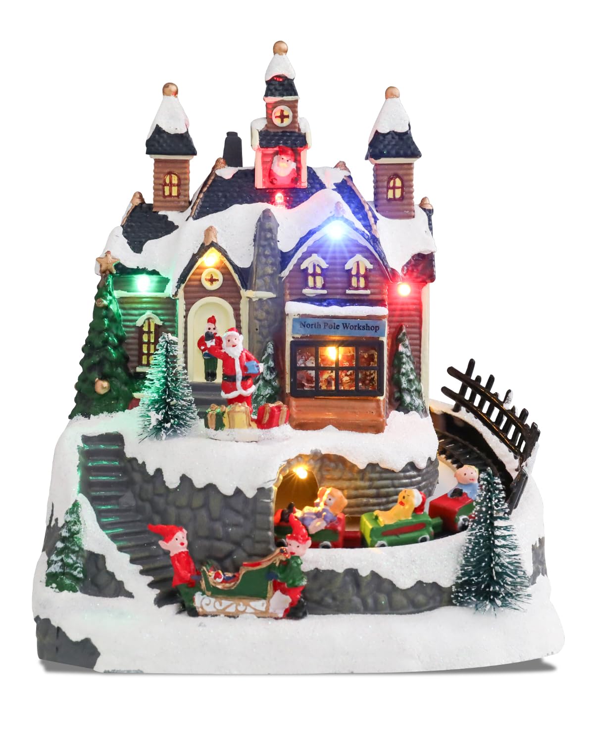 Bdor Christmas Market Village Scene with LED Lights | 8.3 x 5.9 x 5.9 Inches Battery Operated Holiday Decoration with Musical & Animated Market Stalls for Indoor Home Décor