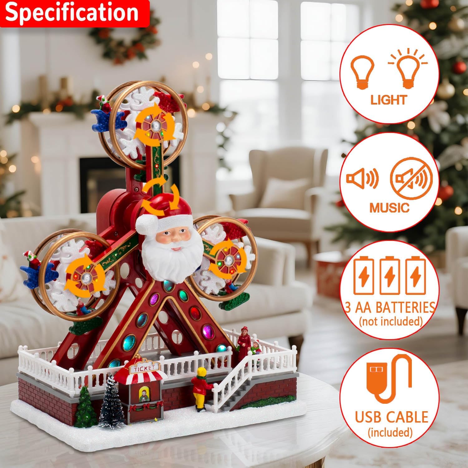 Animated Christmas Village Ferris Wheel with Santa Claus, Musical & LED Lighted Carnival Top Speed Desires Holiday Decor, USB or Battery Operated Christmas Decoration, 11.8 inches Indoor Use Only