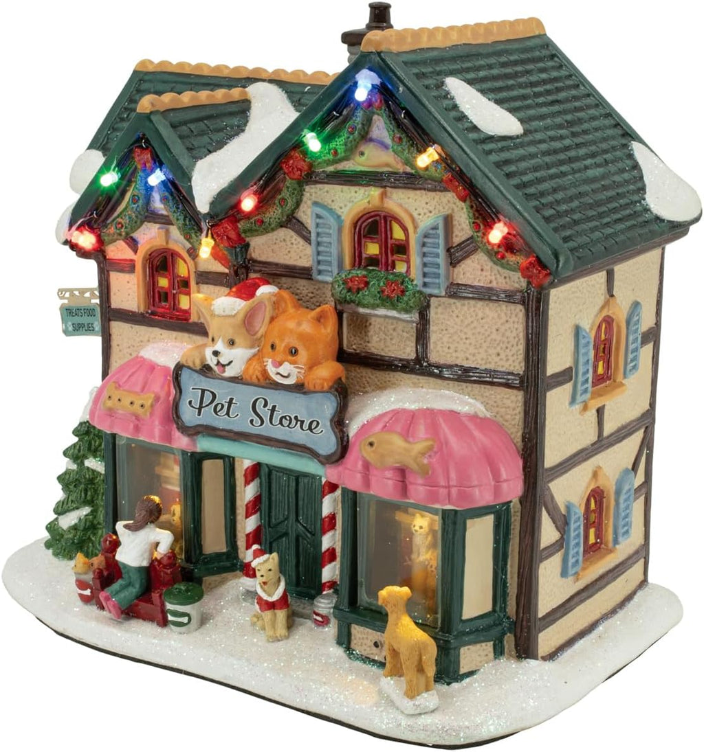 Holiday Pet Store Porcelain Christmas Village with LED Lights and Music