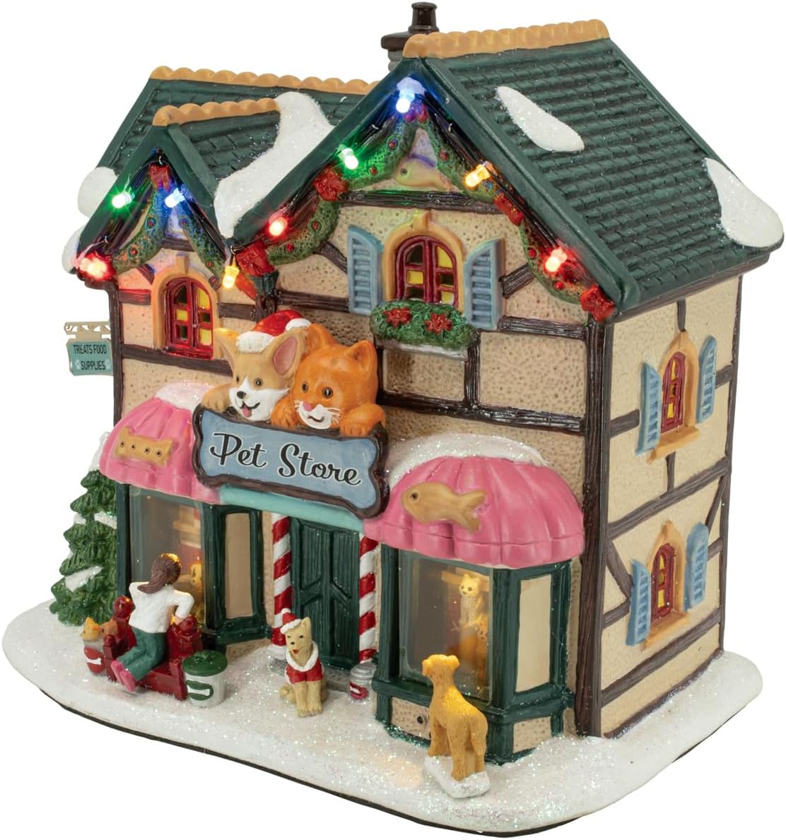 Holiday Pet Store Porcelain Christmas Village with LED Lights and Music