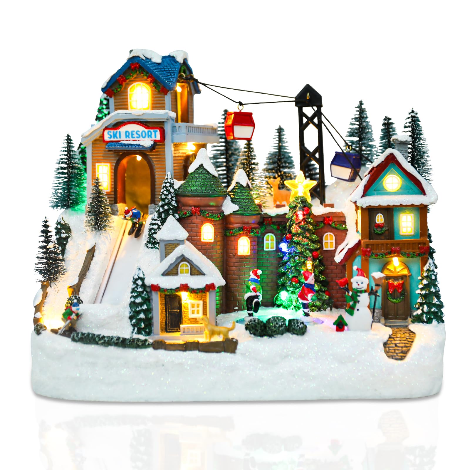 VCUTEKA Christmas Village Houses, Santa Claus with Tree and Rotating Kids Skating Lighted Musical Christmas Village Collectible Building for Xmas Indoor Decorations or Holiday Table Displays
