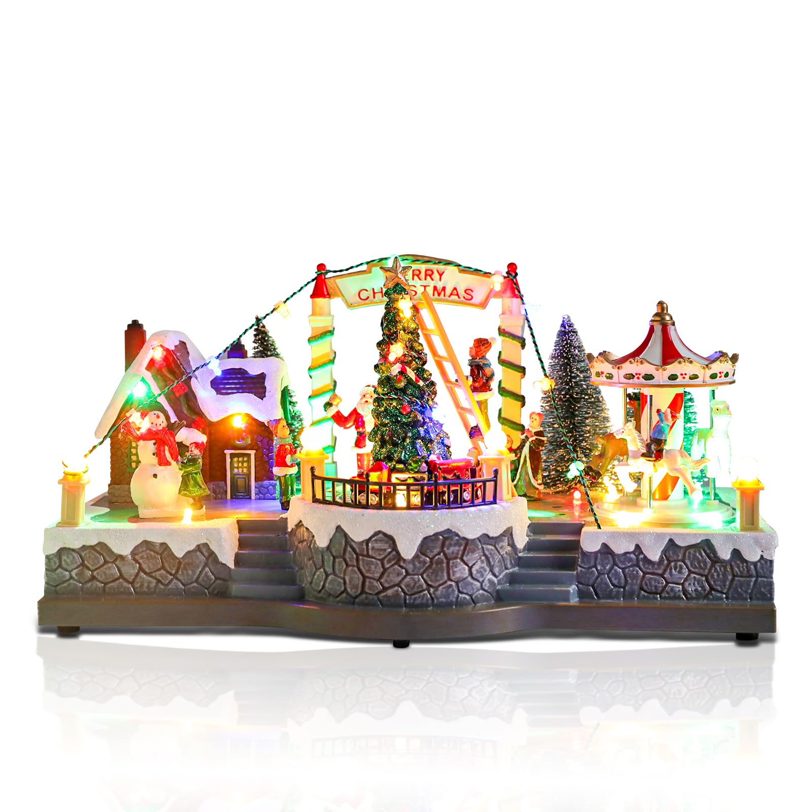 Christmas Village House Musical Christmas Collectible Buildings Amusement Park Carousel Skating Ferris Wheel with LED Lights Vacation Village with USB Indoor Figurines Xmas Decoration
