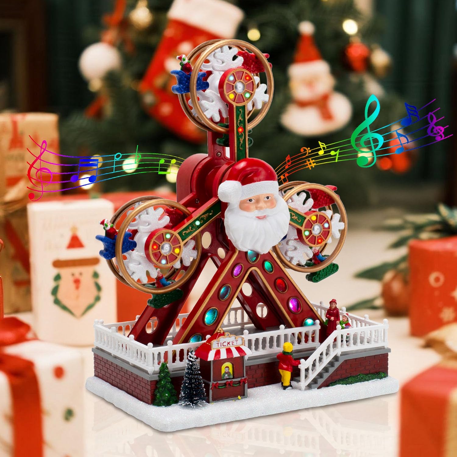 Animated Christmas Village Ferris Wheel with Santa Claus, Musical & LED Lighted Carnival Top Speed Desires Holiday Decor, USB or Battery Operated Christmas Decoration, 11.8 inches Indoor Use Only