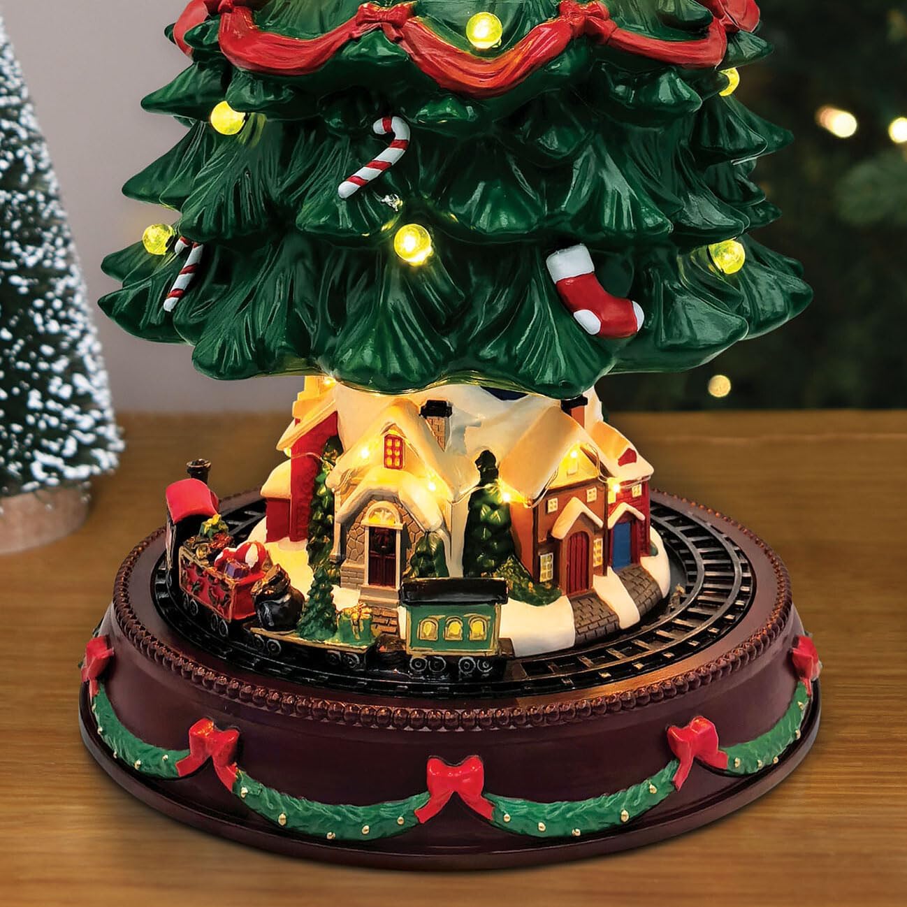 19" Christmas Tree Village House - Animated Tabletop Display with Moving Train, Up & Down Christmas Tree, LED Lights, and Holiday Music - Adapter Included Christmas Decor for Home Gift