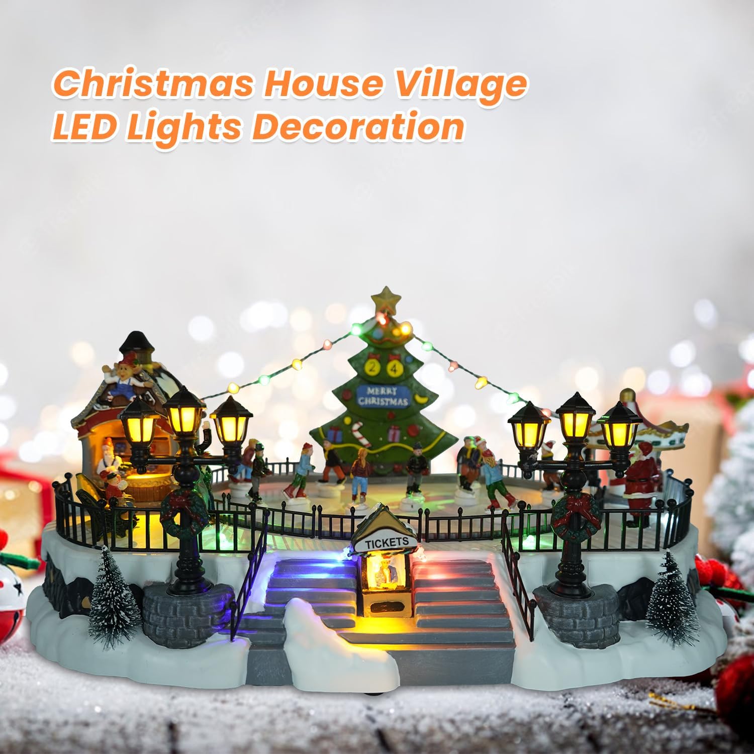 Skating Christmas Village - Animated Musical Winter Snow Village with 7 Moving Skaters - Indoor Decorations for Home Tabletop Gift