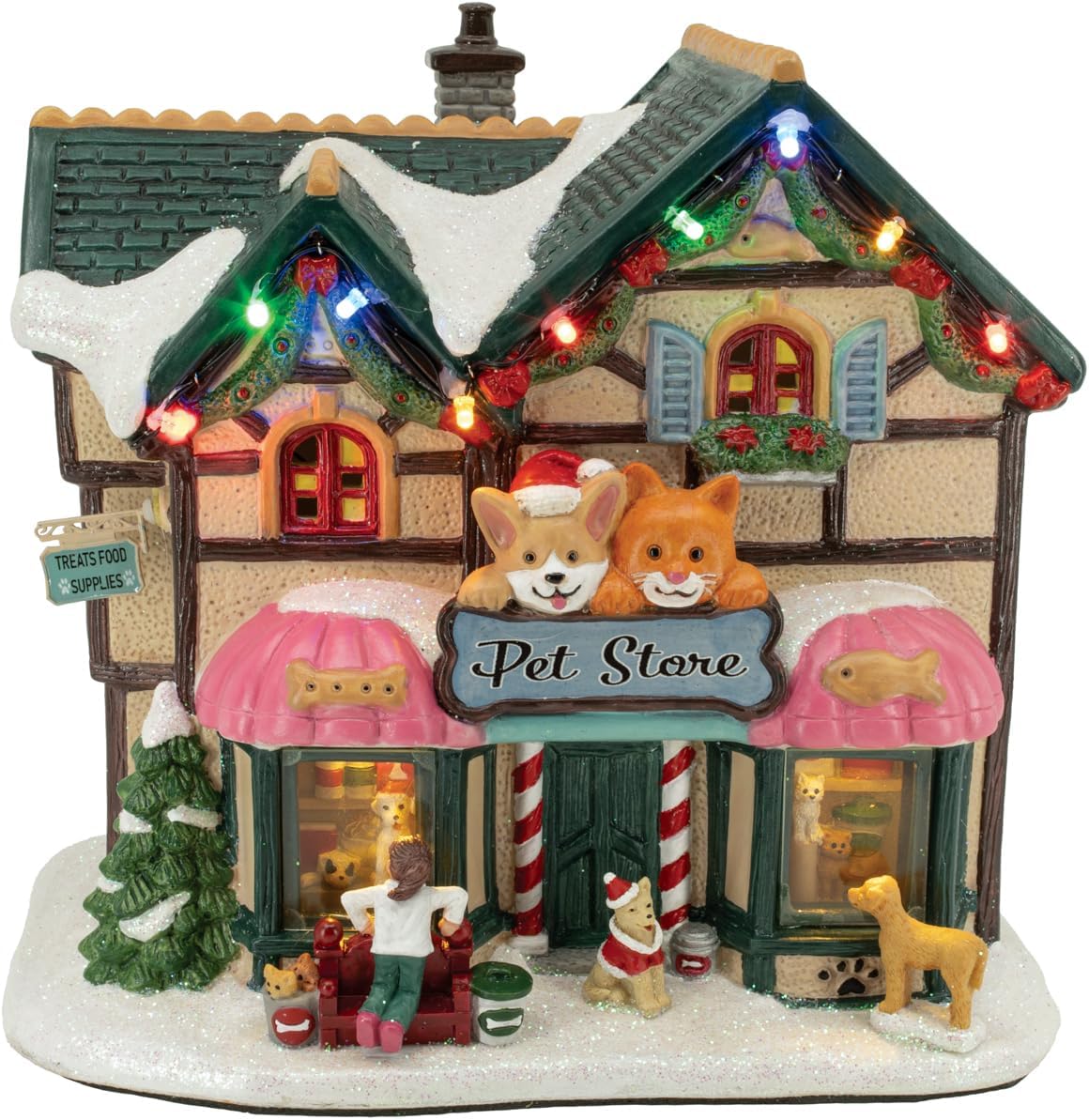 Holiday Pet Store Porcelain Christmas Village with LED Lights and Music