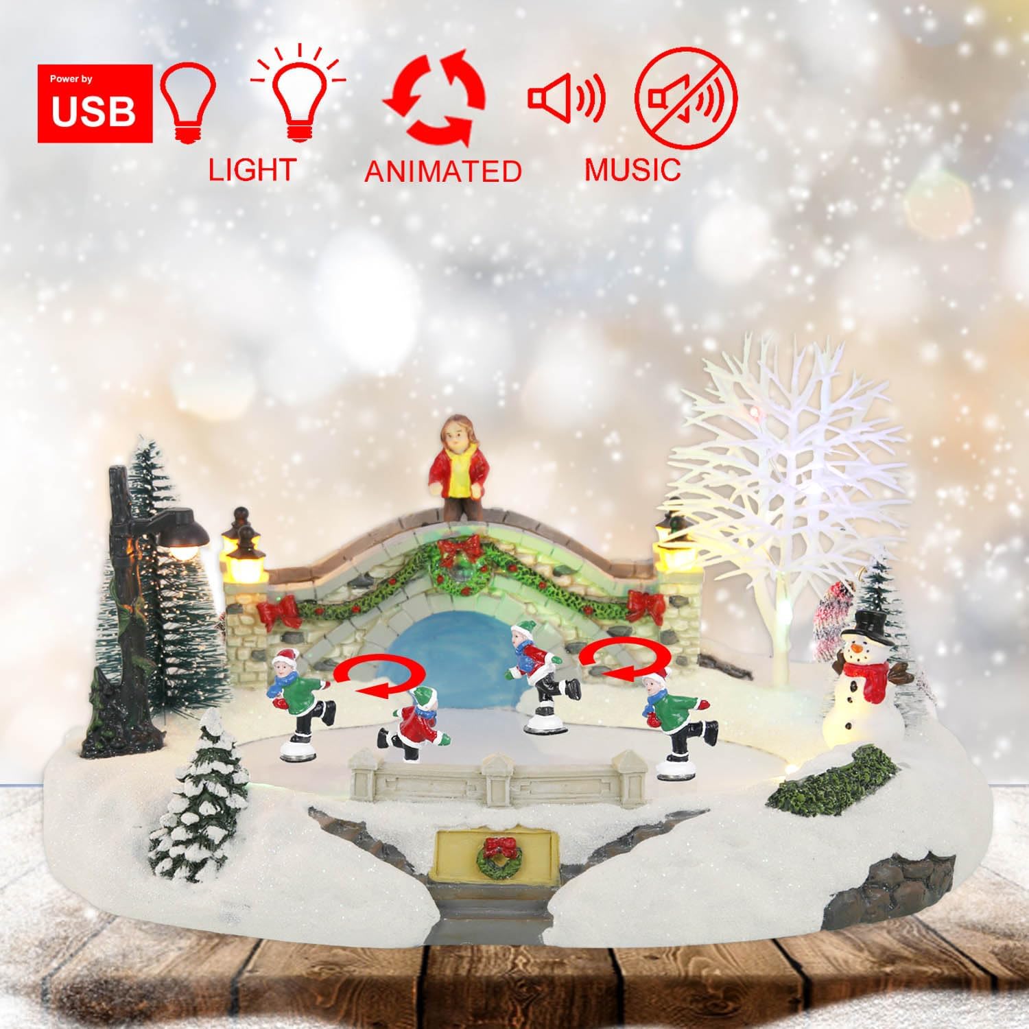 Animated Christmas Village Skating Scene, Collection Building Figurines Lights Ice Skating Rink Christmas Village Accessory, Musical by USB only.