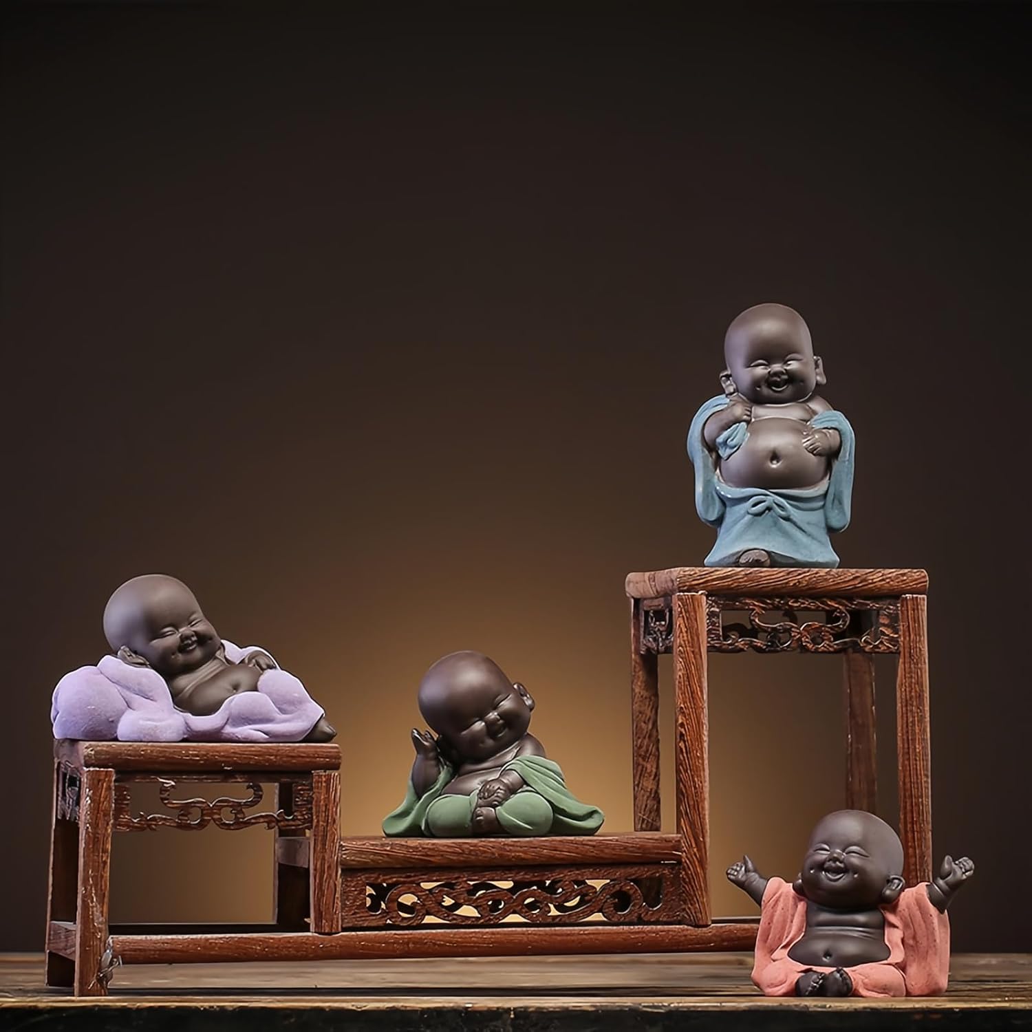 Purple Clay Laughing Buddha Maitreya Statue - Happy Baby Buddha Monk Figurine for Office Desktop Mini Statue Tea Ornaments Home Decor (Style B)