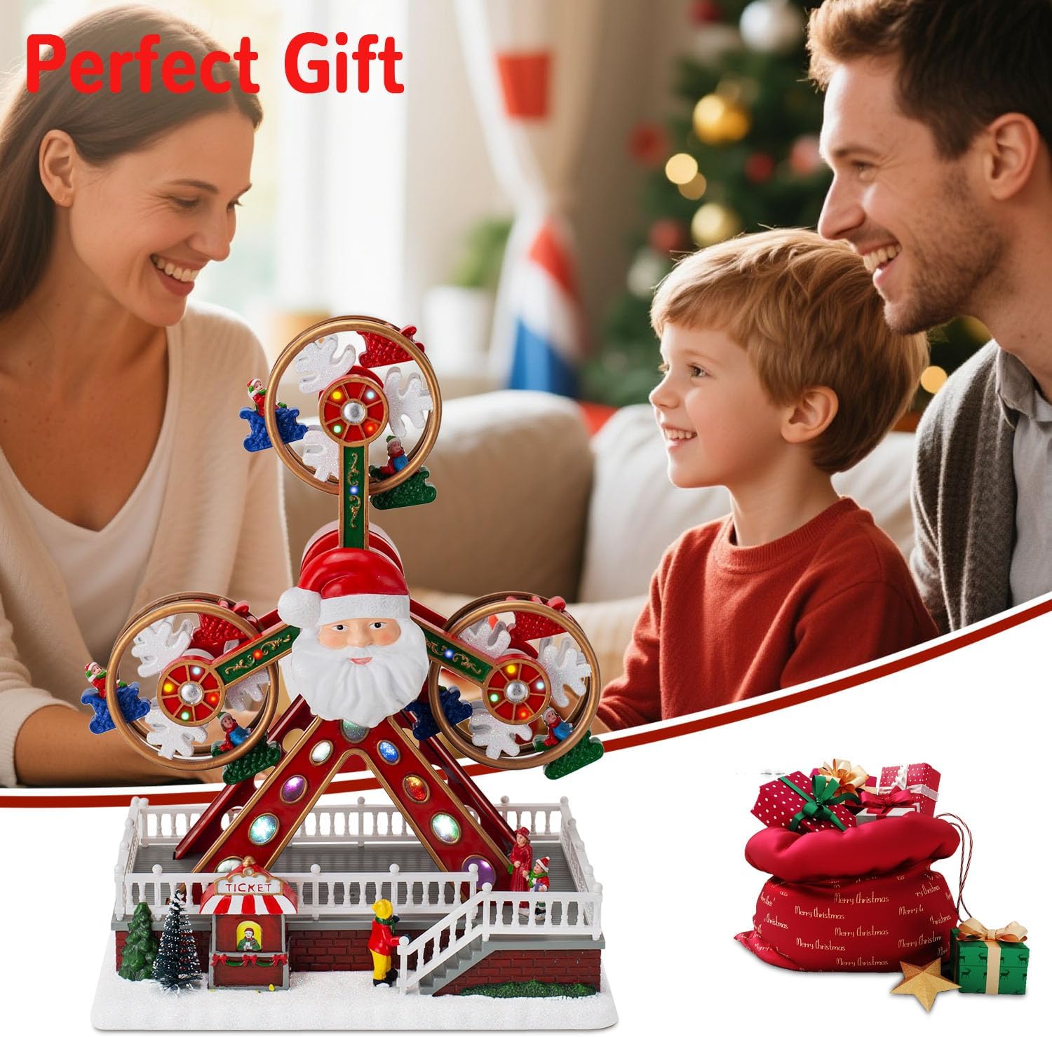 Animated Christmas Village Ferris Wheel with Santa Claus, Musical & LED Lighted Carnival Top Speed Desires Holiday Decor, USB or Battery Operated Christmas Decoration, 11.8 inches Indoor Use Only