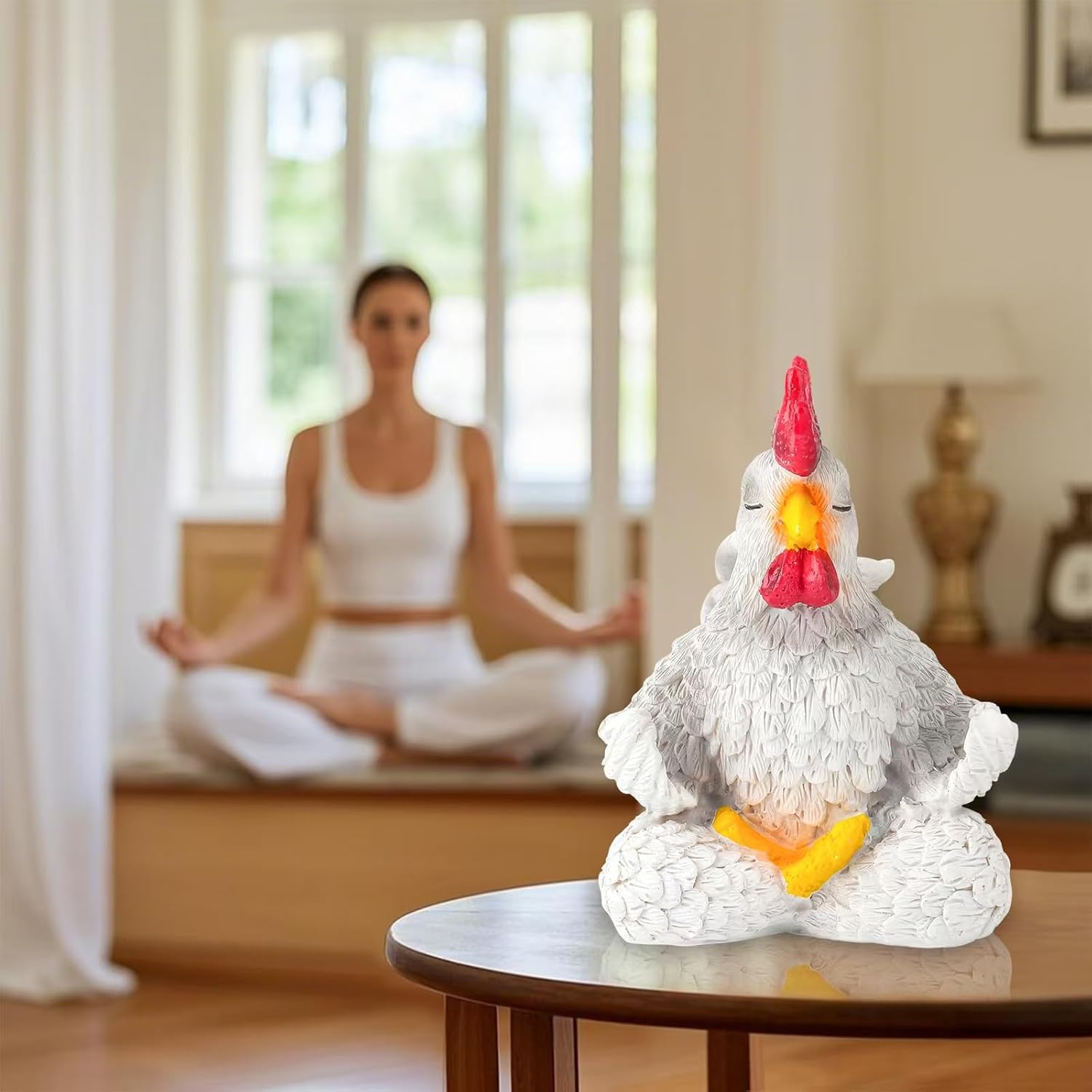 White Rooster Statue Decor for Living Room Desk Bedroom Bookshelf and Office Display, Modern Aesthetic Chicken Figurine Yoga Meditating Decoration, Unique Present for Women Christmas Birthday
