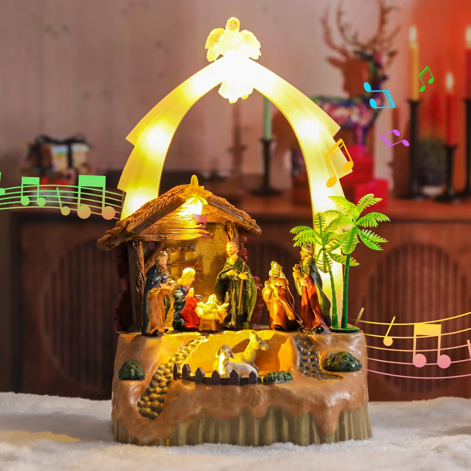 VCUTEKA Christmas Village Houses, Santa Claus with Tree and Rotating Kids Skating Lighted Musical Christmas Village Collectible Building for Xmas Indoor Decorations or Holiday Table Displays