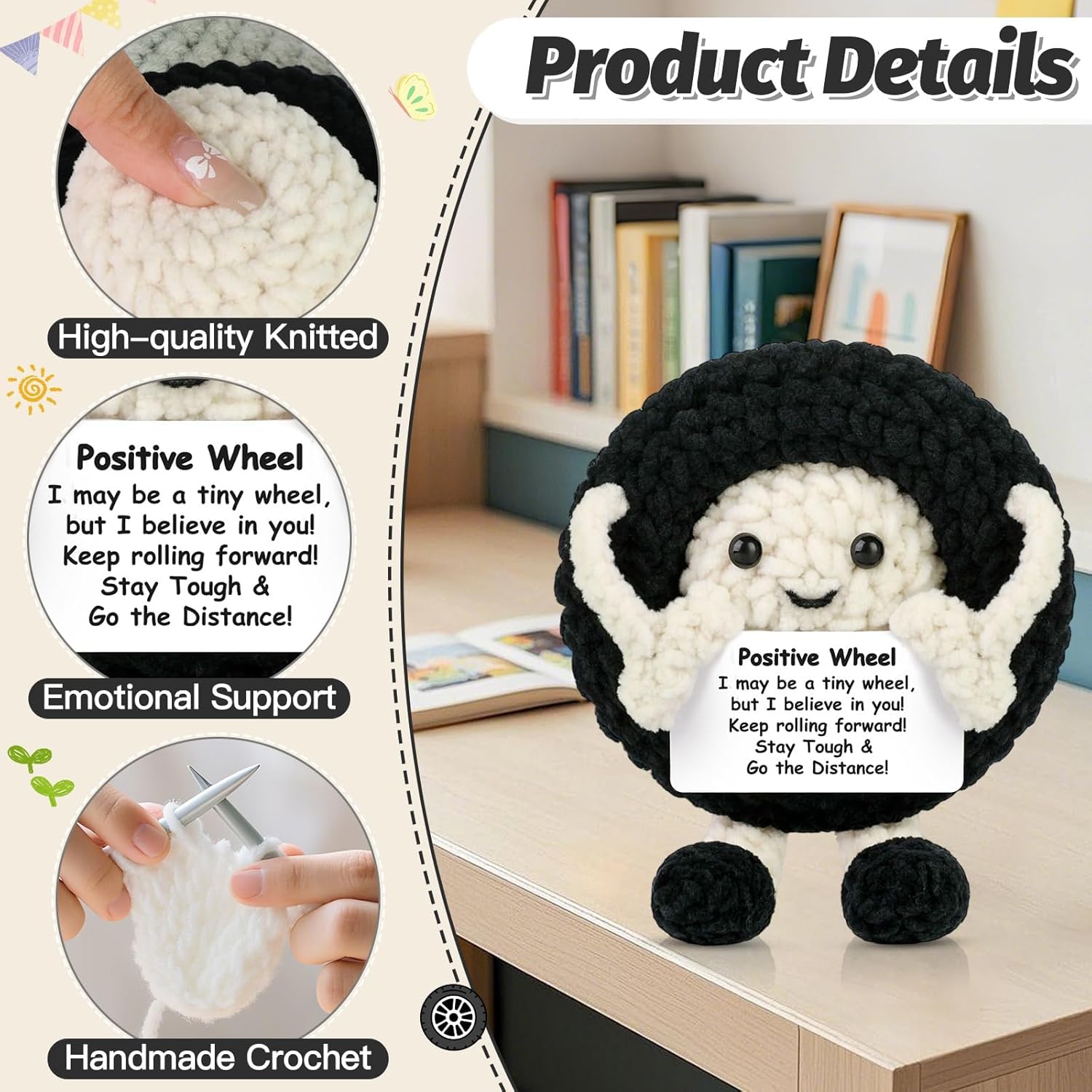 Positive Crochet Wheel Gift Emotional Support Crochet Wheel with Positive Card for Women Coworker Friend Inspirational Handmade Thanksgiving Christmas Birthday Gifts for Office Home Desk Decor