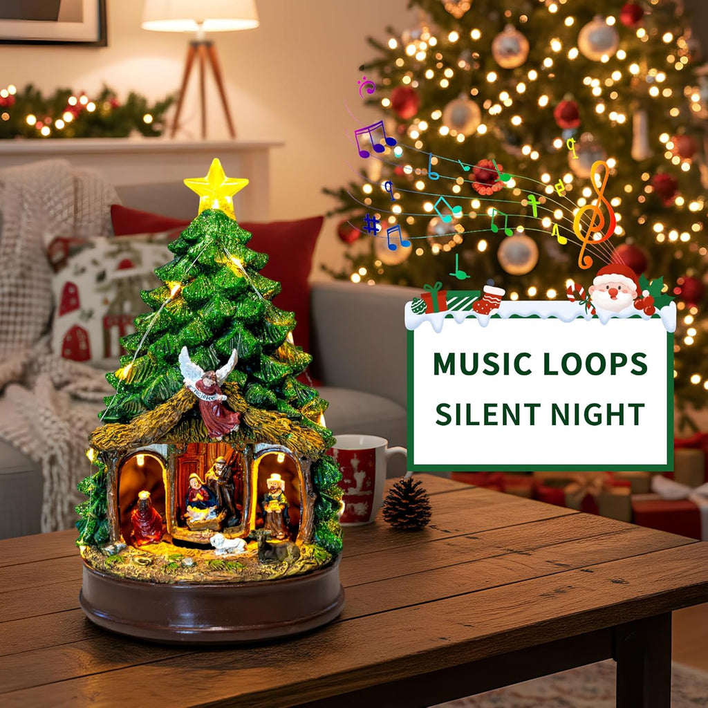 Christmas Tree Lighted and Animated Manger Nativity Scene, Musical Angel Family Figurines LED Light Play Silent Night Music, Ideal Xmas Decor Gifts and Tabletop Xmas Collection Decorations for Home