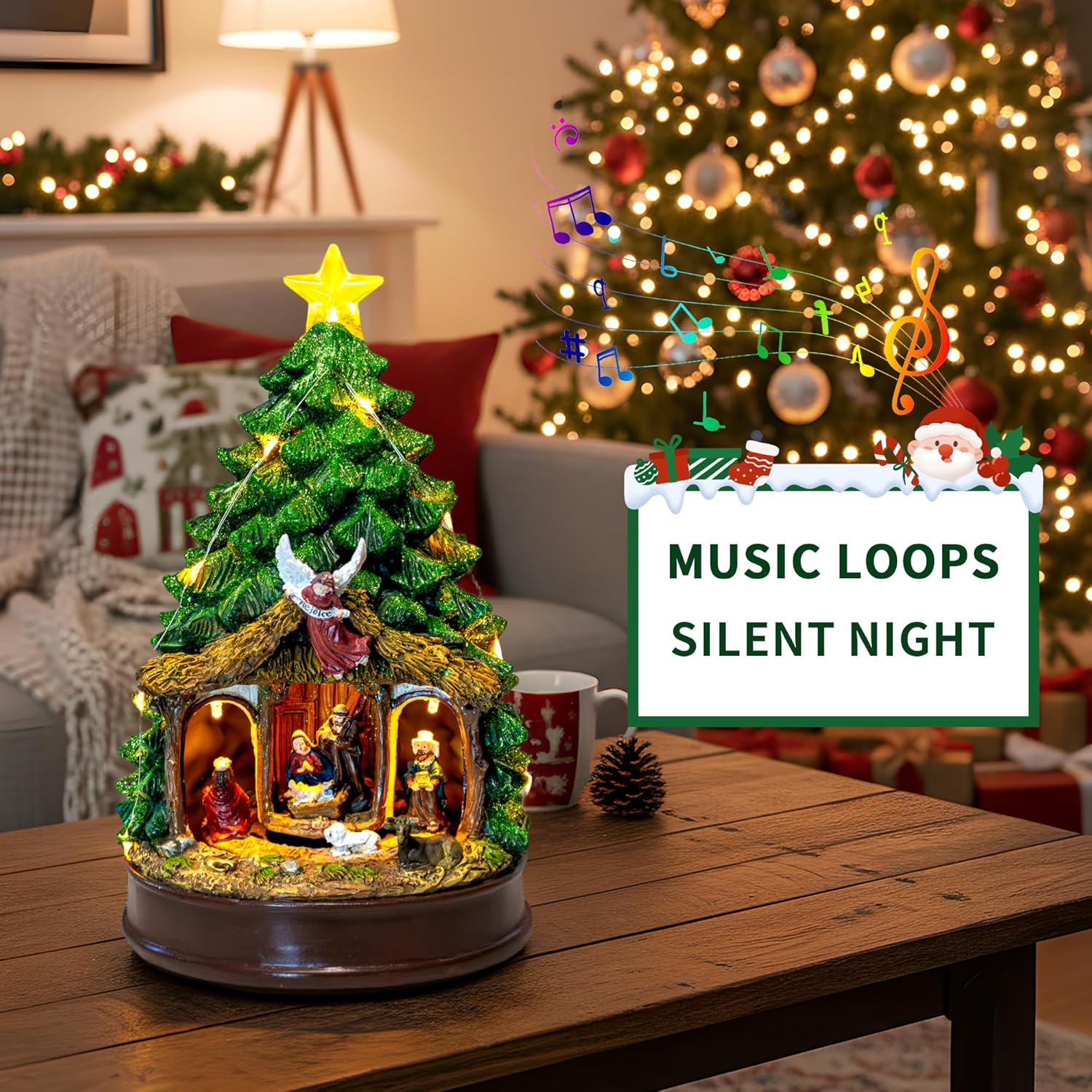 Christmas Tree Lighted and Animated Manger Nativity Scene, Musical Angel Family Figurines LED Light Play Silent Night Music, Ideal Xmas Decor Gifts and Tabletop Xmas Collection Decorations for Home