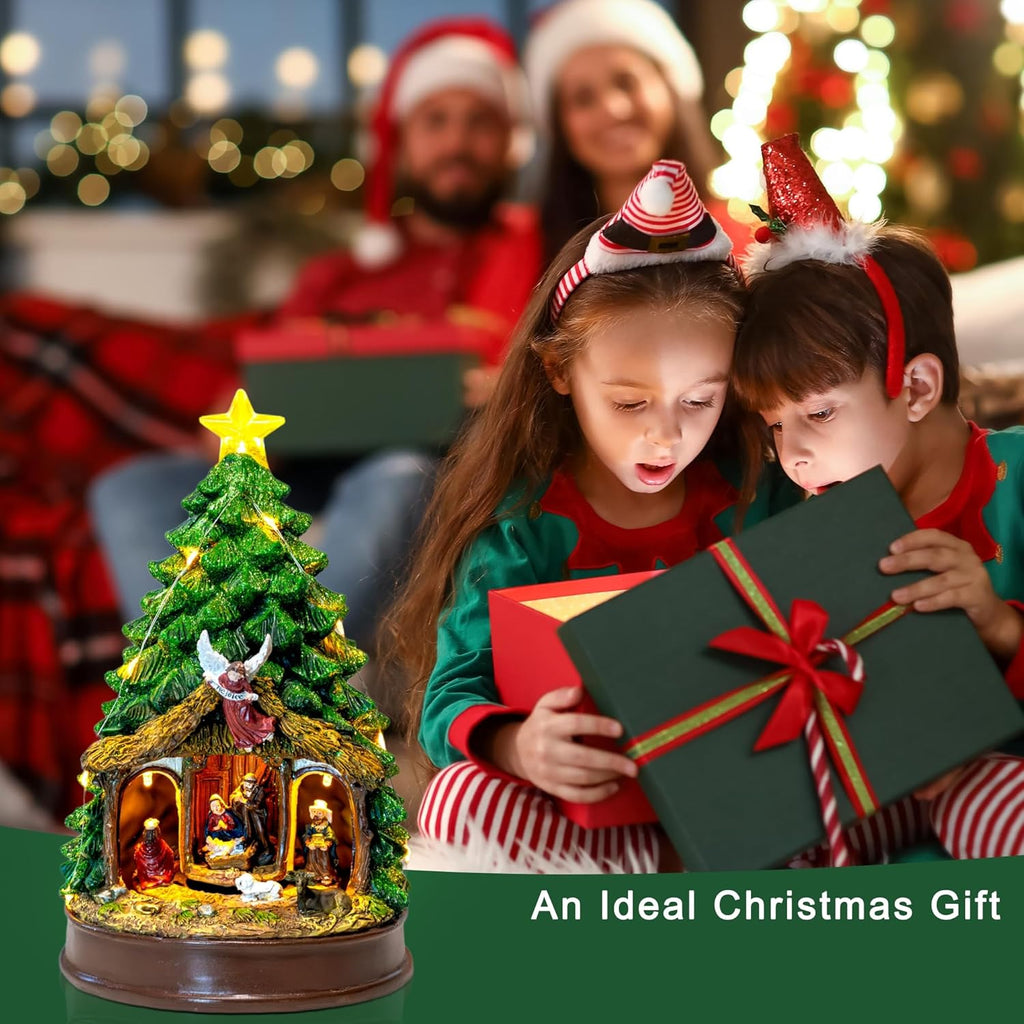 Christmas Tree Lighted and Animated Manger Nativity Scene, Musical Angel Family Figurines LED Light Play Silent Night Music, Ideal Xmas Decor Gifts and Tabletop Xmas Collection Decorations for Home