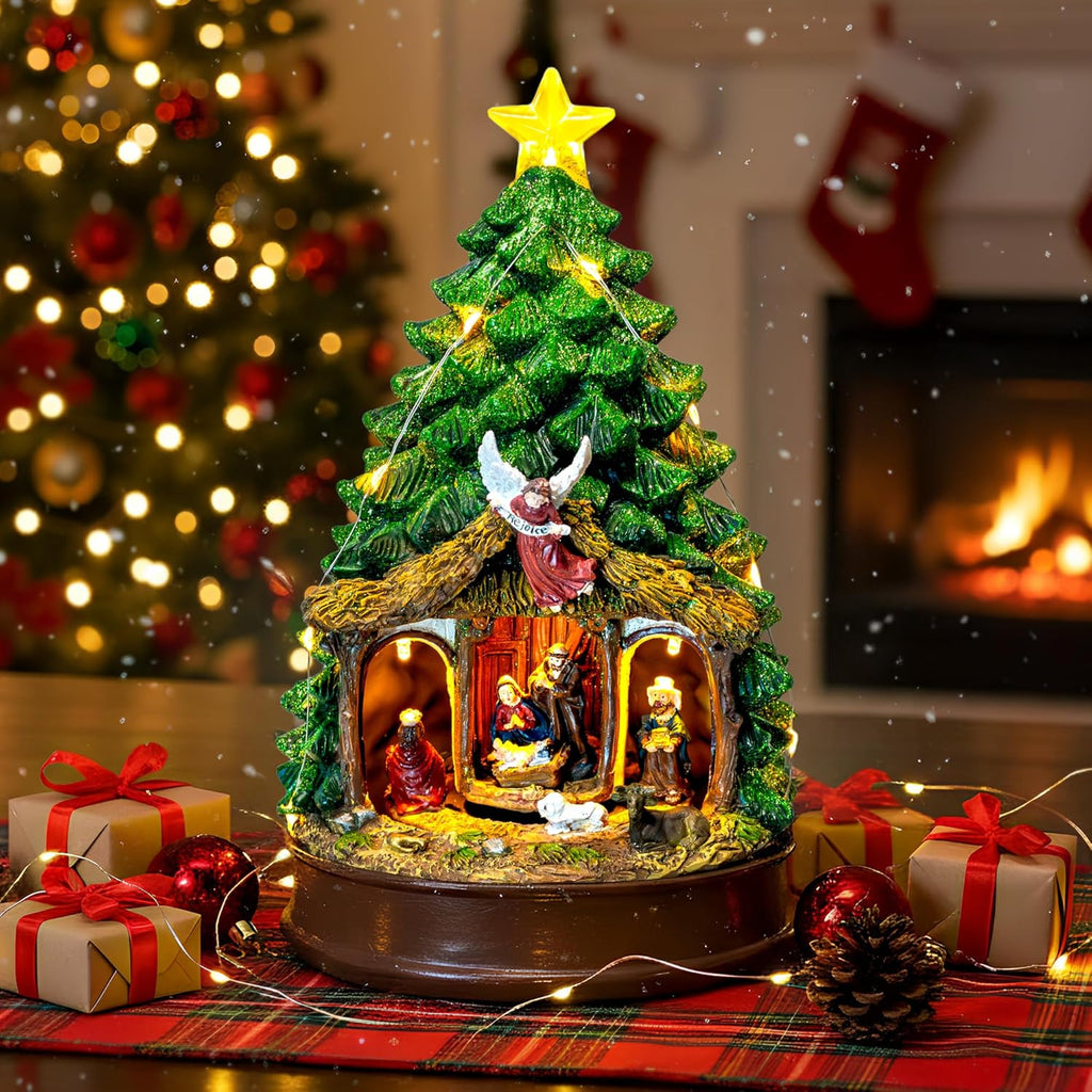 Christmas Tree Lighted and Animated Manger Nativity Scene, Musical Angel Family Figurines LED Light Play Silent Night Music, Ideal Xmas Decor Gifts and Tabletop Xmas Collection Decorations for Home