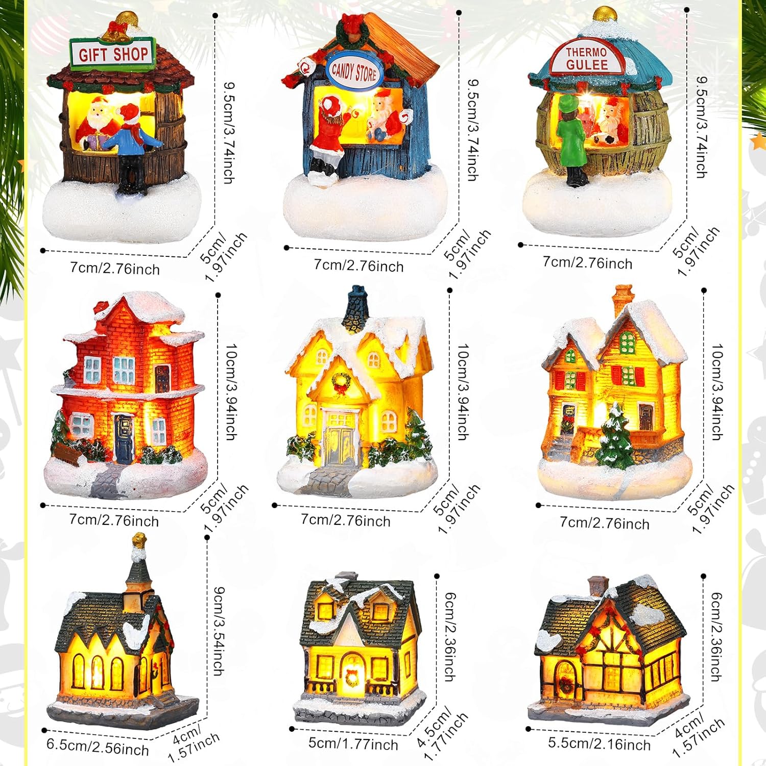 Kasyat 58 Pcs Christmas Village Sets Miniature Christmas Figurines Decoration LED Christmas Village Houses Building Resin Xmas Scene Village Accessories Ornaments for Winter Indoor Room Decor Gifts