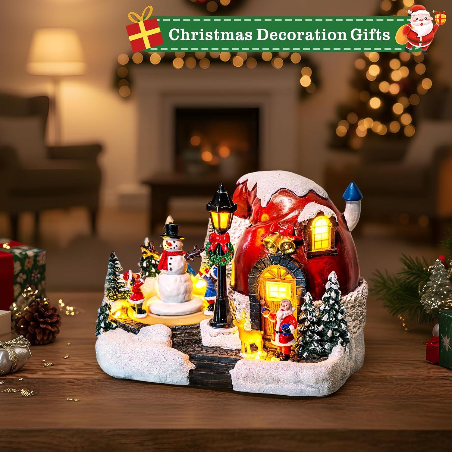 Animated Collection Figurines Musical Christmas Snowman, Santa Claus Village Houses Lighted Christmas Collection Figurines for Home Tabletop Decorations Ornaments Gifts