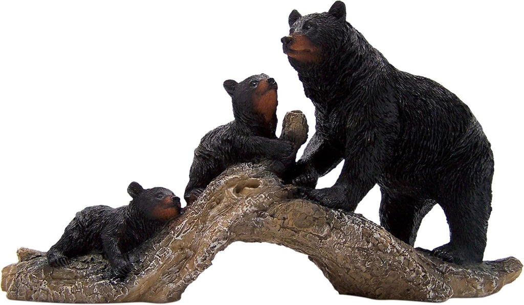 Wowser Black Bear Family Climbing on a Log Figurine Statue, Rustic Décor, 17 Inches