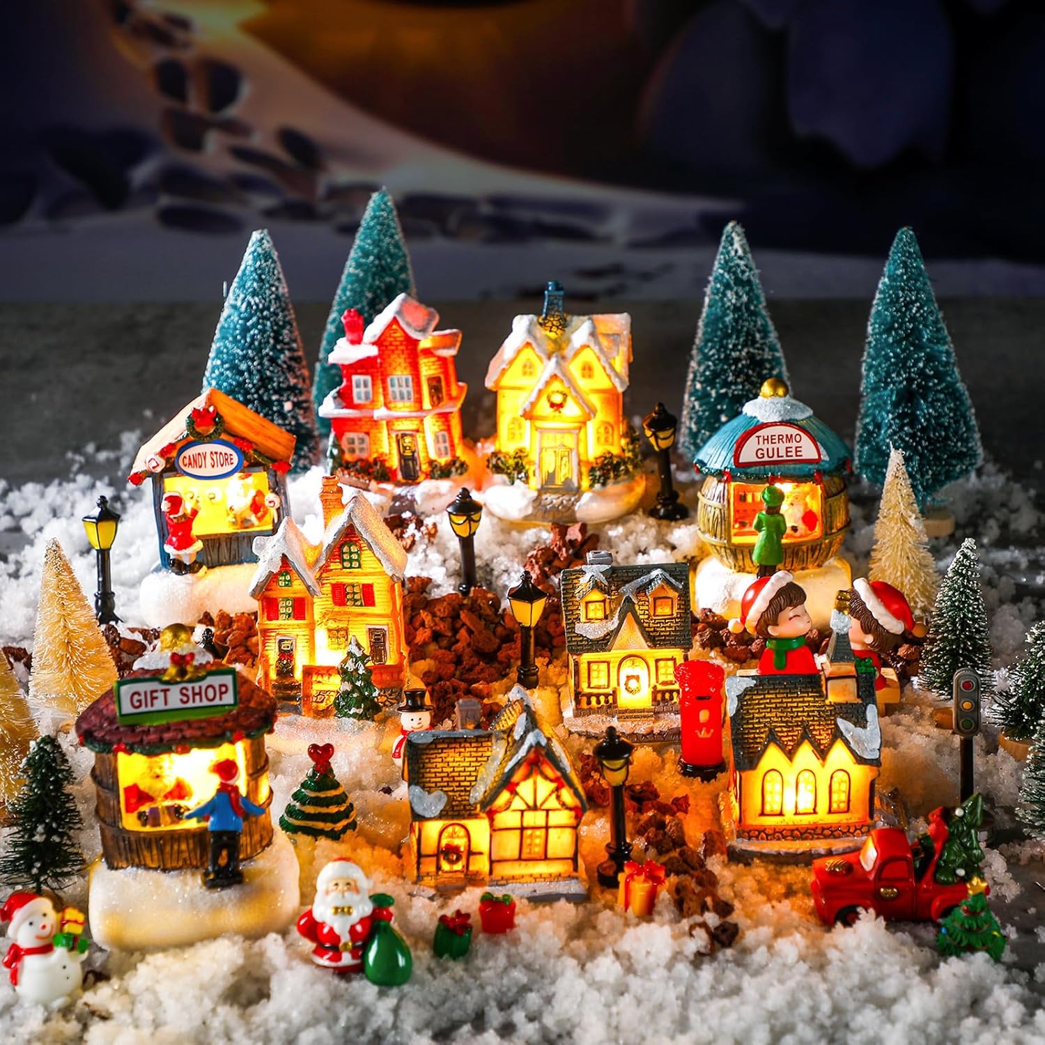 Kasyat 58 Pcs Christmas Village Sets Miniature Christmas Figurines Decoration LED Christmas Village Houses Building Resin Xmas Scene Village Accessories Ornaments for Winter Indoor Room Decor Gifts