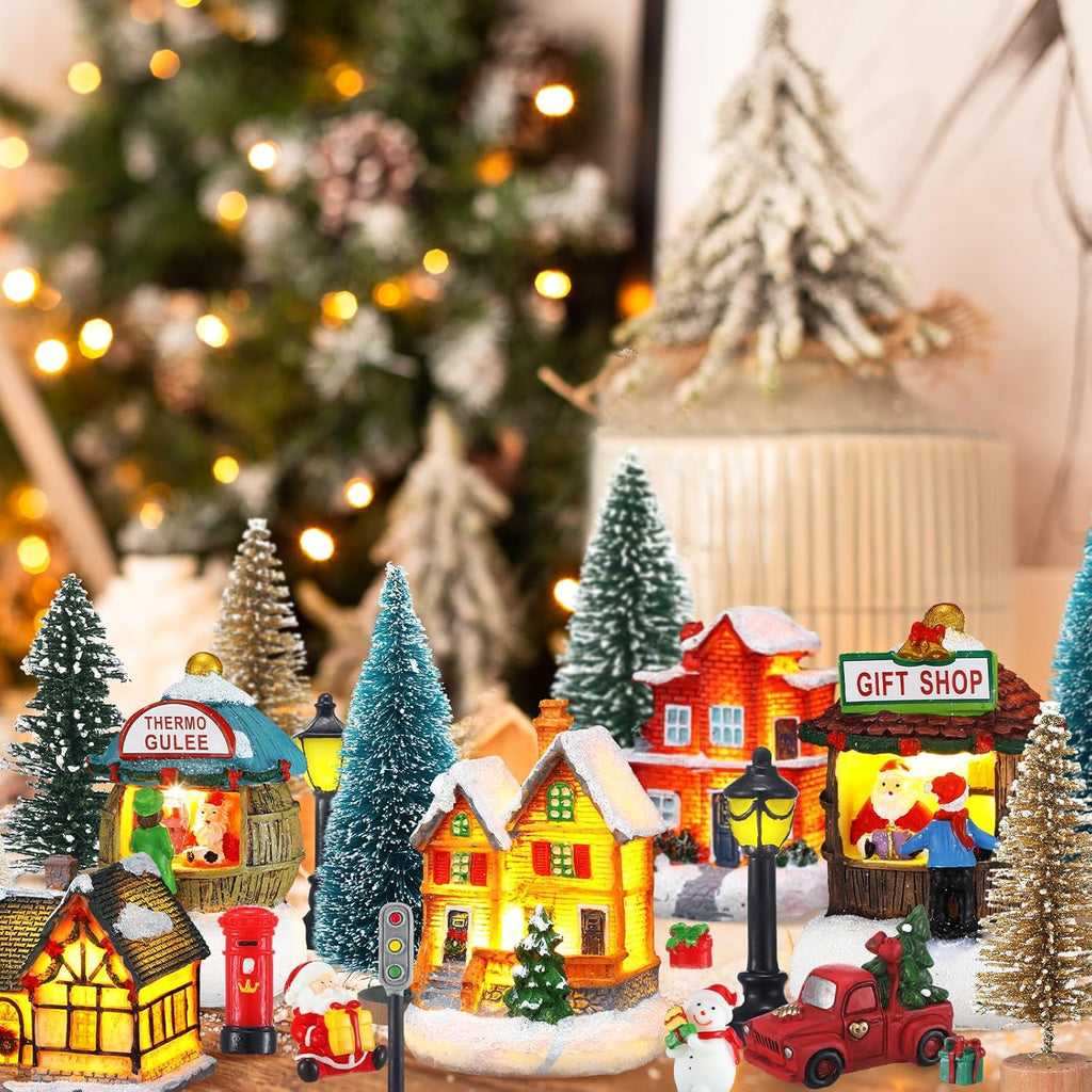Kasyat 58 Pcs Christmas Village Sets Miniature Christmas Figurines Decoration LED Christmas Village Houses Building Resin Xmas Scene Village Accessories Ornaments for Winter Indoor Room Decor Gifts