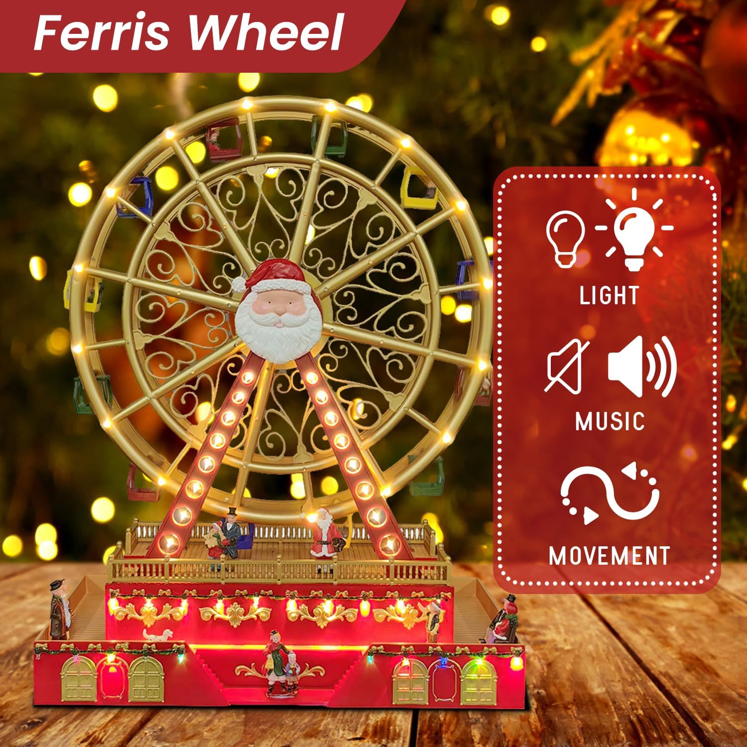 Christmas Rotating Ferris Wheel with LED Lights, 18" Big Christmas Animated Decorations, Creates Festive Atmosphere
