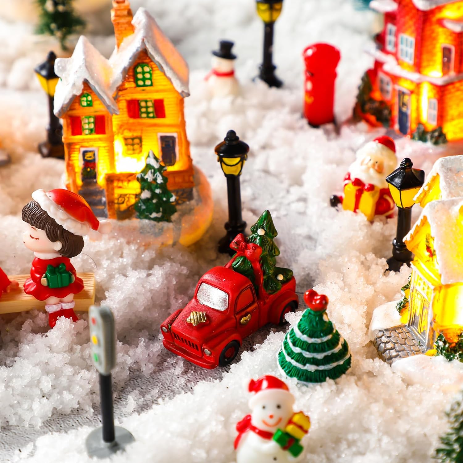 Kasyat 58 Pcs Christmas Village Sets Miniature Christmas Figurines Decoration LED Christmas Village Houses Building Resin Xmas Scene Village Accessories Ornaments for Winter Indoor Room Decor Gifts