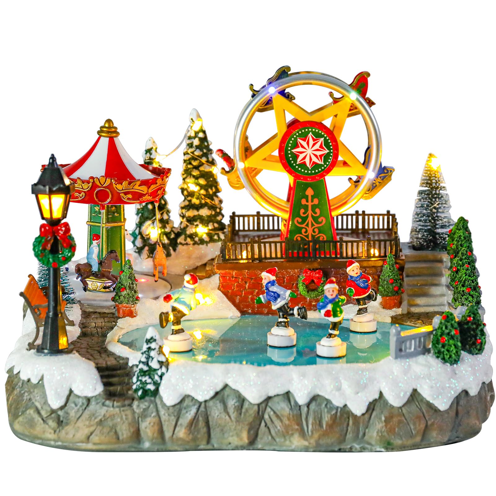 Bdor Christmas Market Village Scene with LED Lights | 8.3 x 5.9 x 5.9 Inches Battery Operated Holiday Decoration with Musical & Animated Market Stalls for Indoor Home Décor